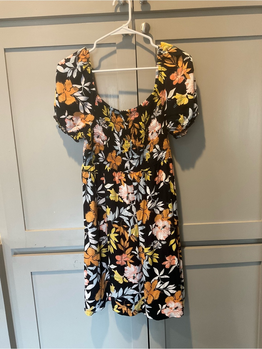 Roxy Black Floral Puff-Sleeve Smocked Mini Dress with Yellow & Pink Flowers